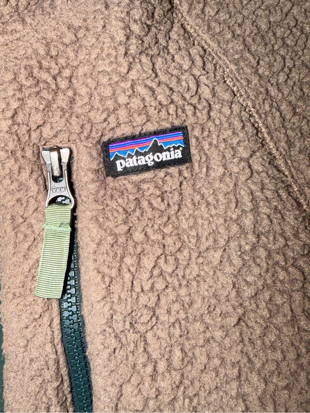 Patagonia Kids Brown Sherpa Fleece Jacket Green Trim Large 13 - Picture 4 of 7